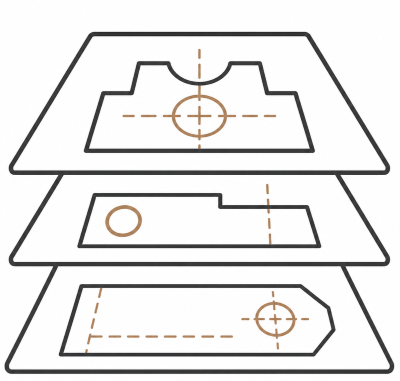 Diagram of three layered cutting mats with marked cutouts and measurement guides.
