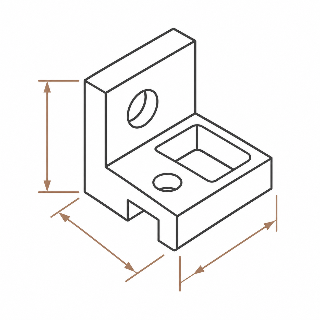 Line drawing of a right-angle pipe fitting with dimensions labeled, showing the shape and holes for plumbing installation.