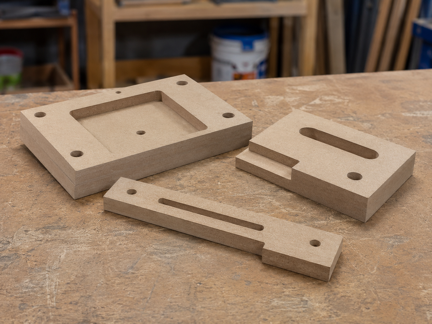 Three unfinished wooden parts with holes and slots laid out on a workbench in a woodworking shop.