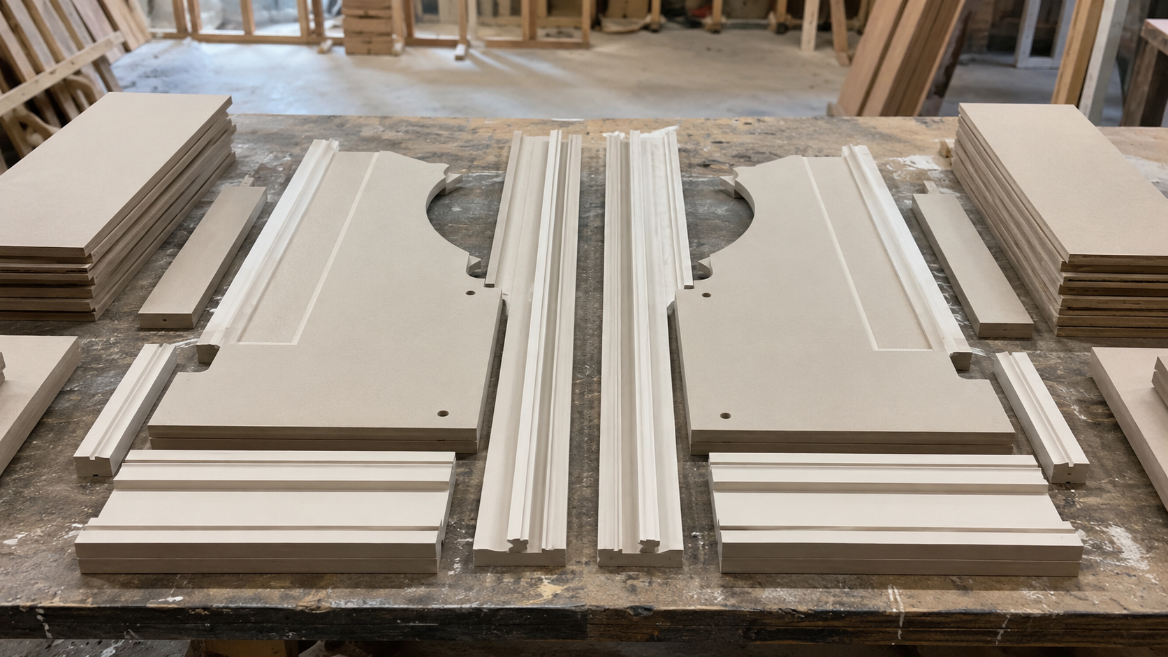 Woodworking project pieces arranged on a workbench, including large flat panels, molding trims, and smaller rectangular pieces, with a wooden frame workshop in the background.