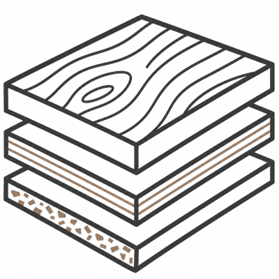 Illustration of three different types of wood planks stacked vertically.