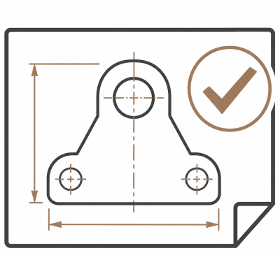 Technical drawing of a mechanical part with dimensions and a checkmark icon.