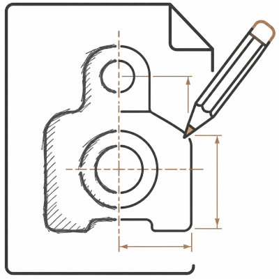 Technical drawing of a mechanical part with measurements and a pencil sketching on a paper.