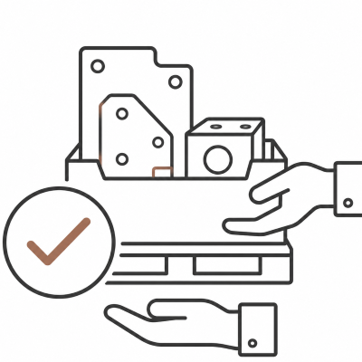 Line drawing of a person holding a tray with mechanical parts and a checkmark icon.
