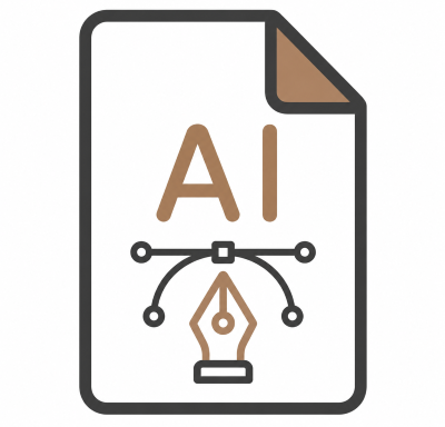 Icon of a document with a folded corner, labeled 'AI', featuring a pen nib and a vector graphic tool underneath.