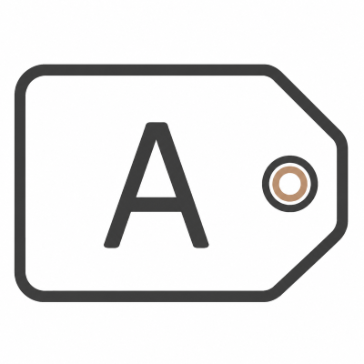 A graphic illustration of a luggage tag with a large letter A and a circular hole for attaching to luggage.