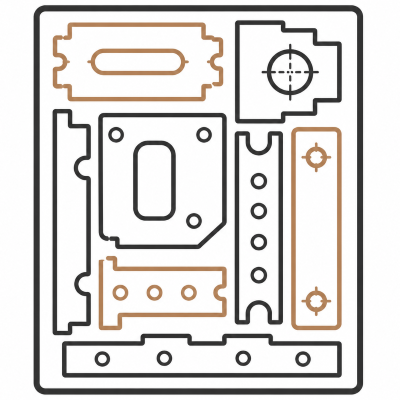 A diagram of mechanical parts and metal plates, some with holes and slots, arranged on a flat surface.