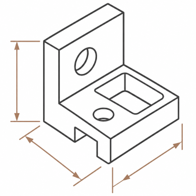 Technical drawing of a metal bracket with dimensions indicating height, width, and depth.