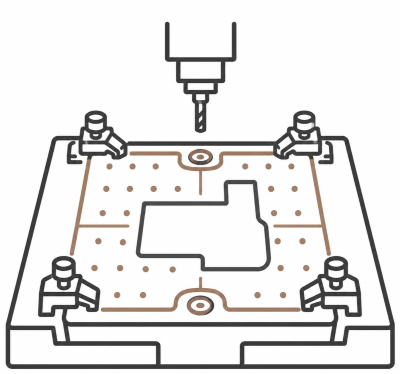 Diagram of a CNC milling machine with a cutting tool and a workpiece.