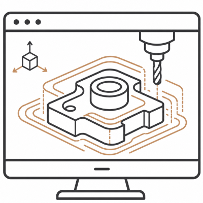 Diagram of a CNC machine carving a part on a computer screen.