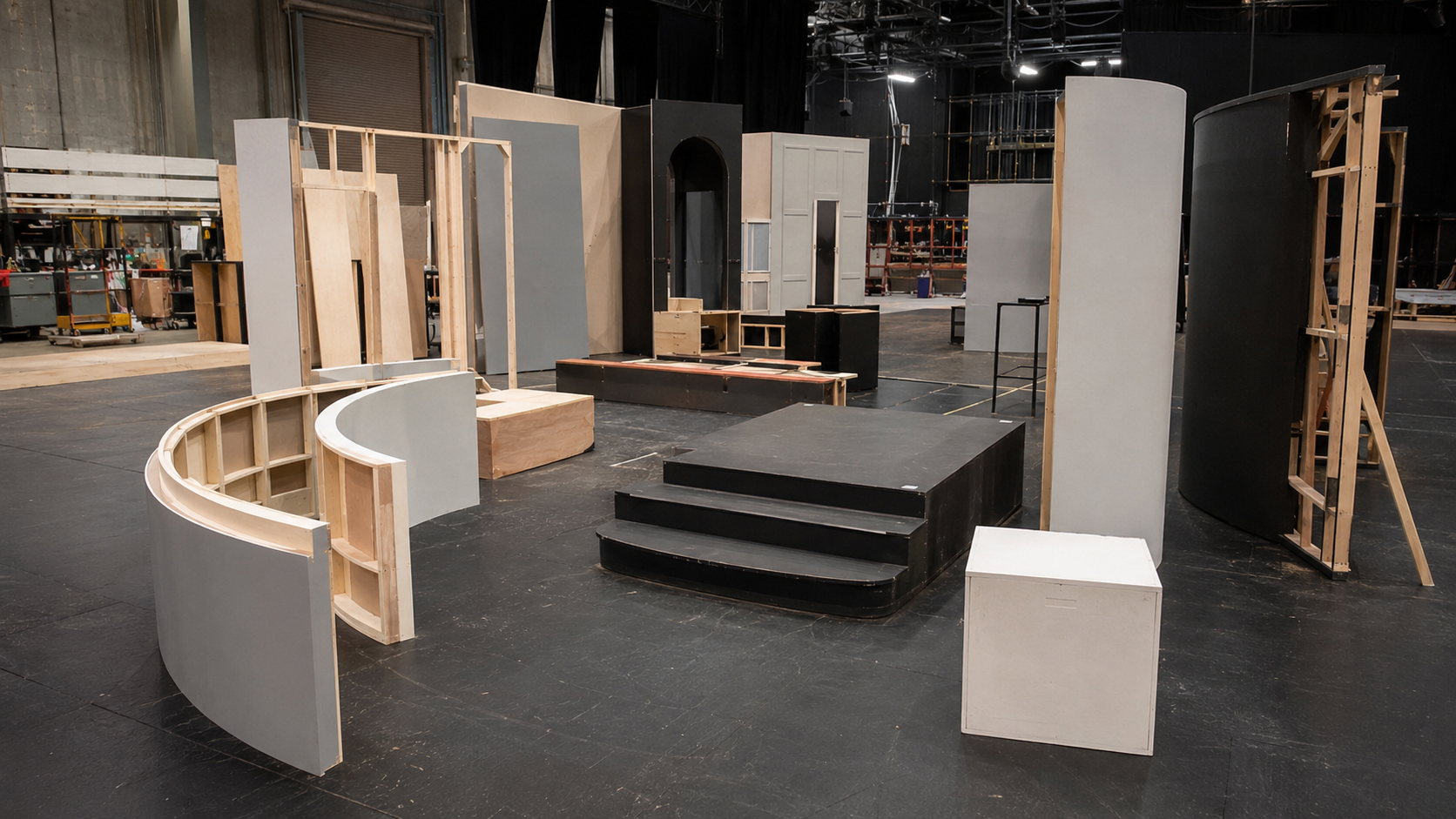 The image shows a stage set in progress, with various wall panels, staircases, and structures under construction on a black floor in a theater or studio environment.