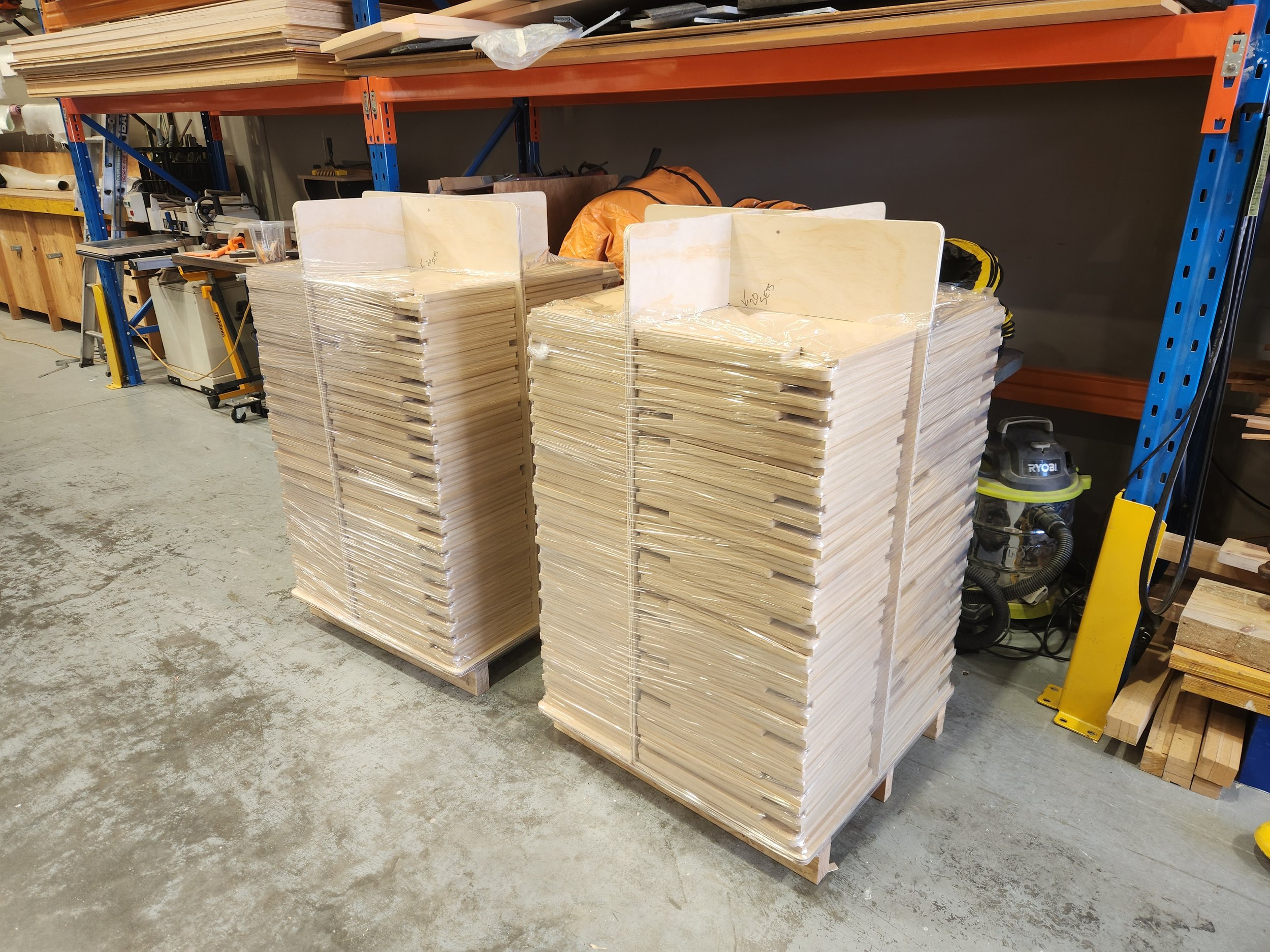 Scale batch production run of custom MDF billy cart seat components.