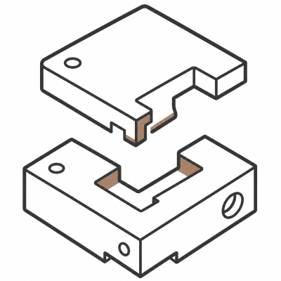 Isometric illustration of two interlocking mechanical parts with holes and brown connectors.