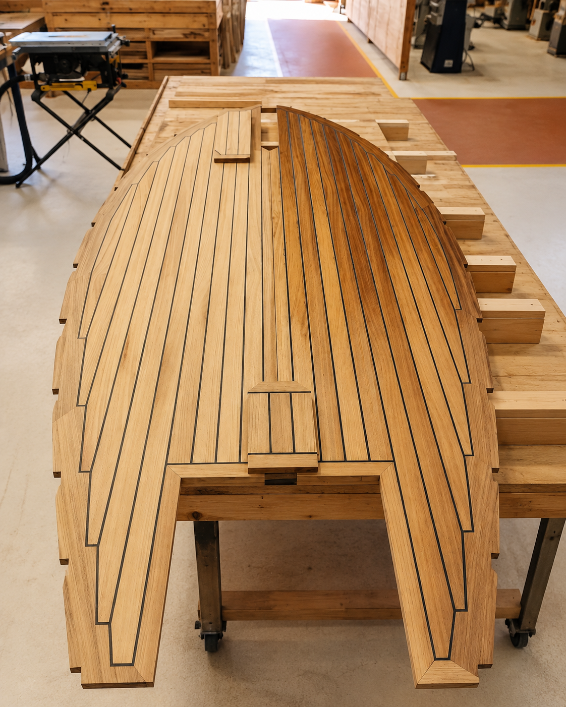 A woodworking workshop with an unfinished wooden boat deck on a workbench.