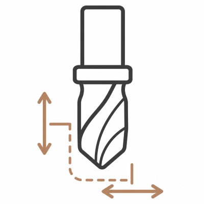 Line drawing of a drill bit with directional arrows indicating height and length measurements.