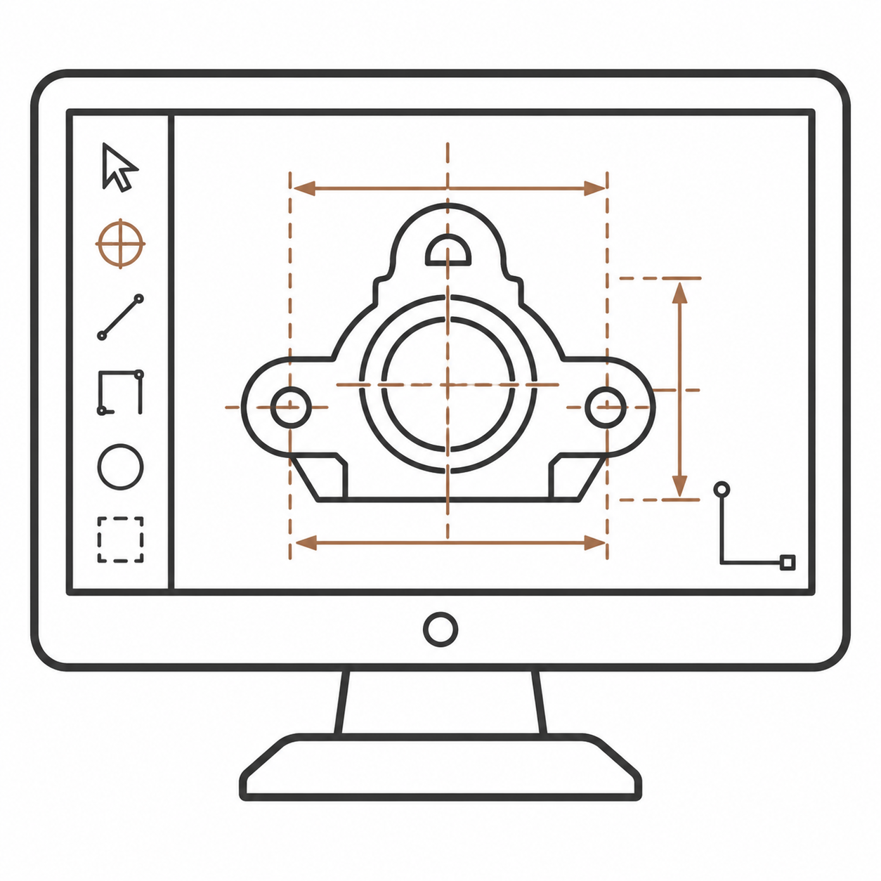 Technical drawing of a mechanical part on a computer screen with measurement annotations and design tools on the side