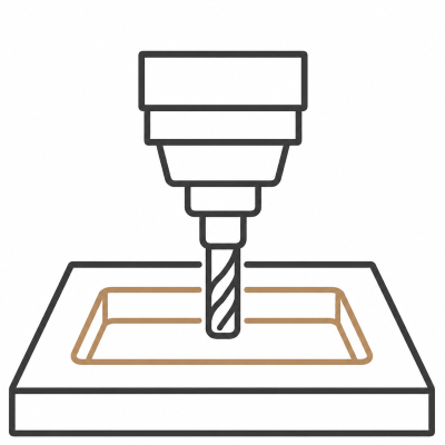 A line drawing of a drill bit inside a hole in a rectangular surface.