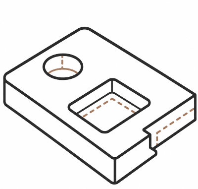 Isometric view of a rectangular mechanical part with two cutouts, one circular and one rectangular, and a slot on the side.