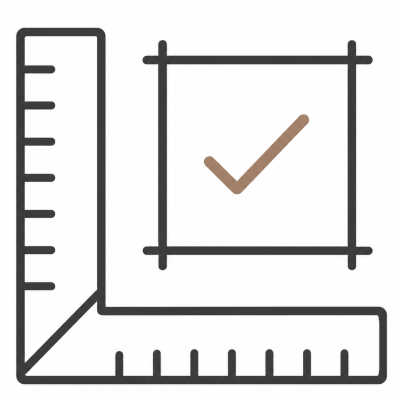 A digital drawing of a right-angle ruler and a square with a check mark inside it, representing measurement or accuracy.
