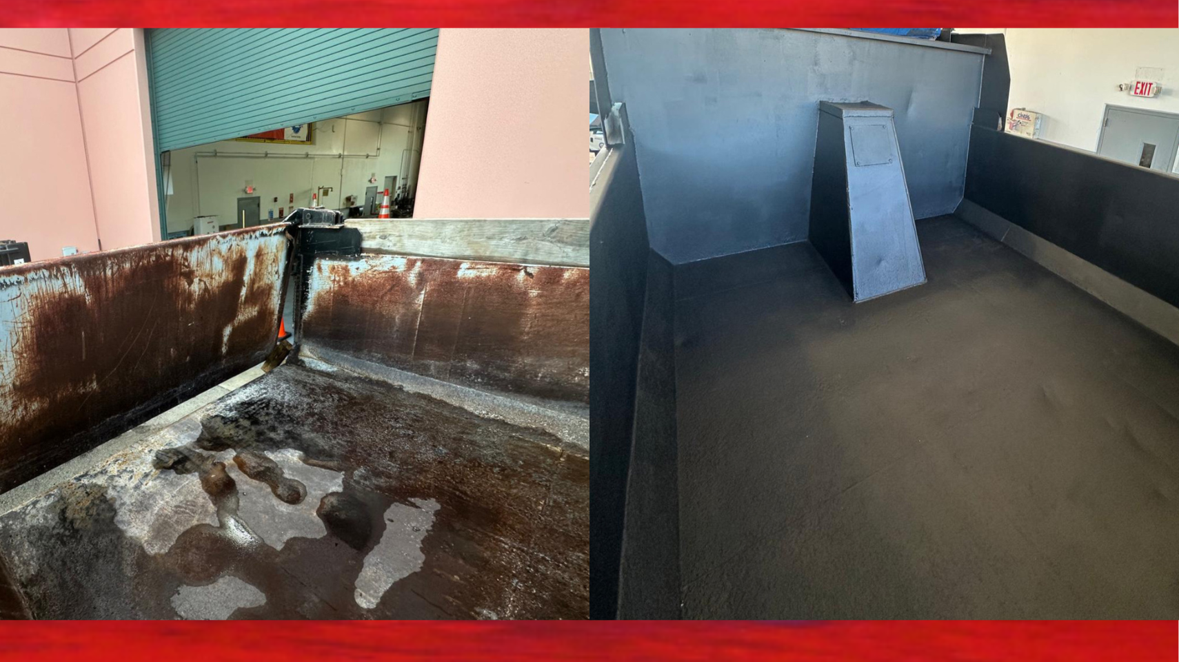 A before and after picture of a utility truck bed. Previous one was rusted and dirty and useable. After is clean slick, and black painted with precision. 