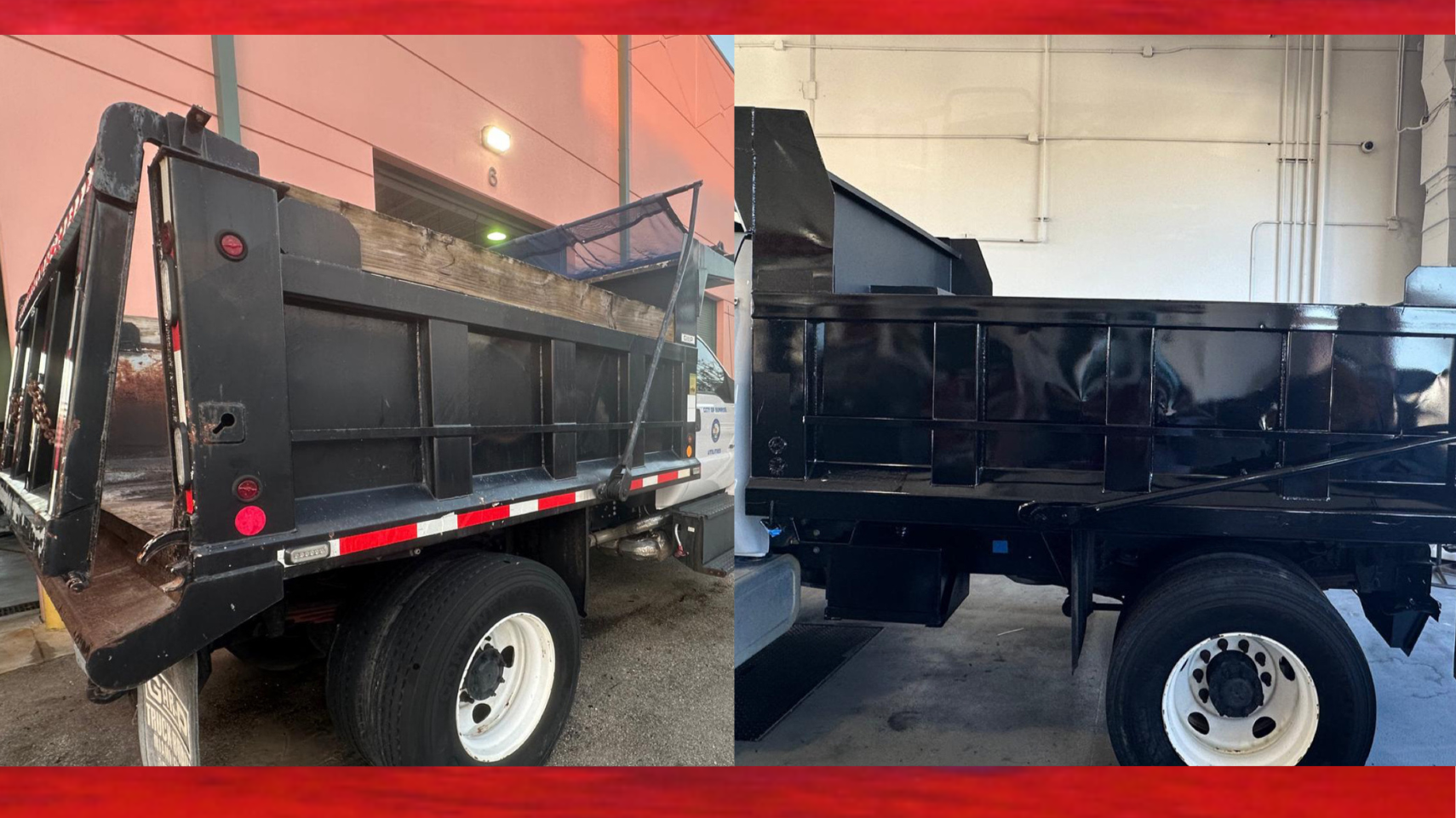 A before and after of a utility truck with a large back like a dump truck. Before is rusted, discolored and looks old. The after is freshly painted black, un-rusted, and the bumps and scratches are gone. 