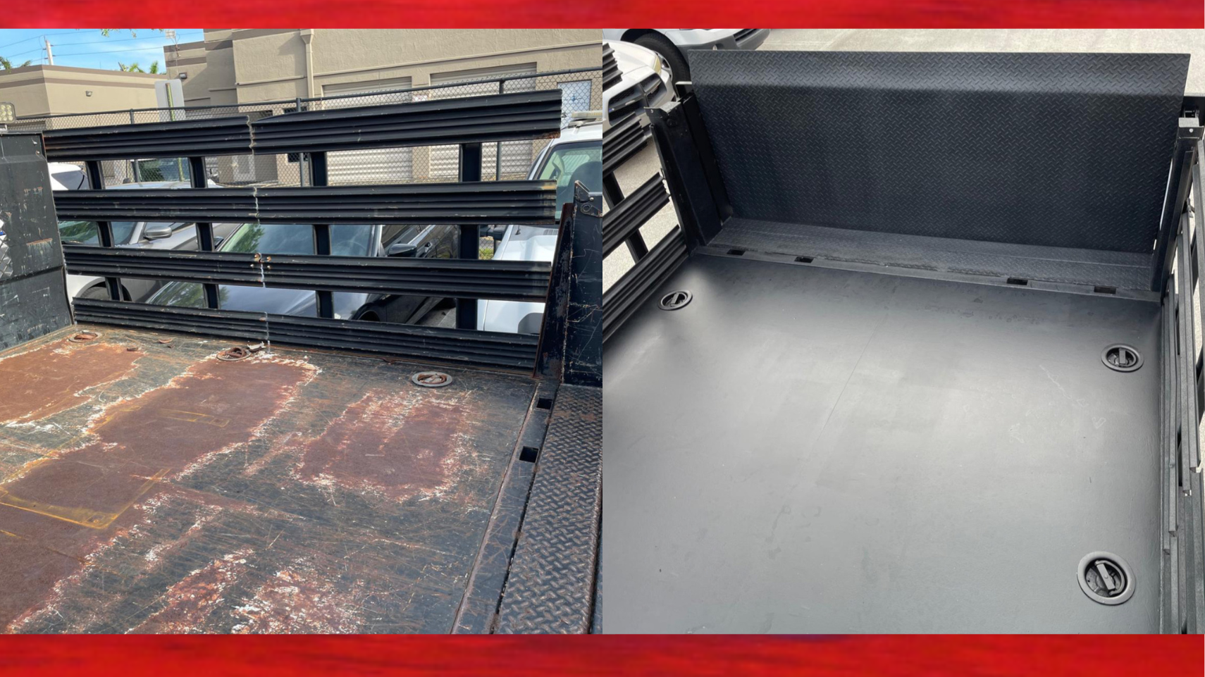 A black utility trailer before and after, first one is rusted and old. the after is freshly painted black and all issues fixed. 