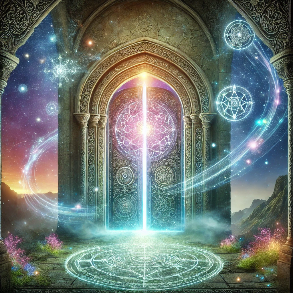 A glowing mystical door in an ancient stone structure, surrounded by cosmic energy, glowing symbols, and magical circles, set in a fantasy landscape with mountains and pink flowers.