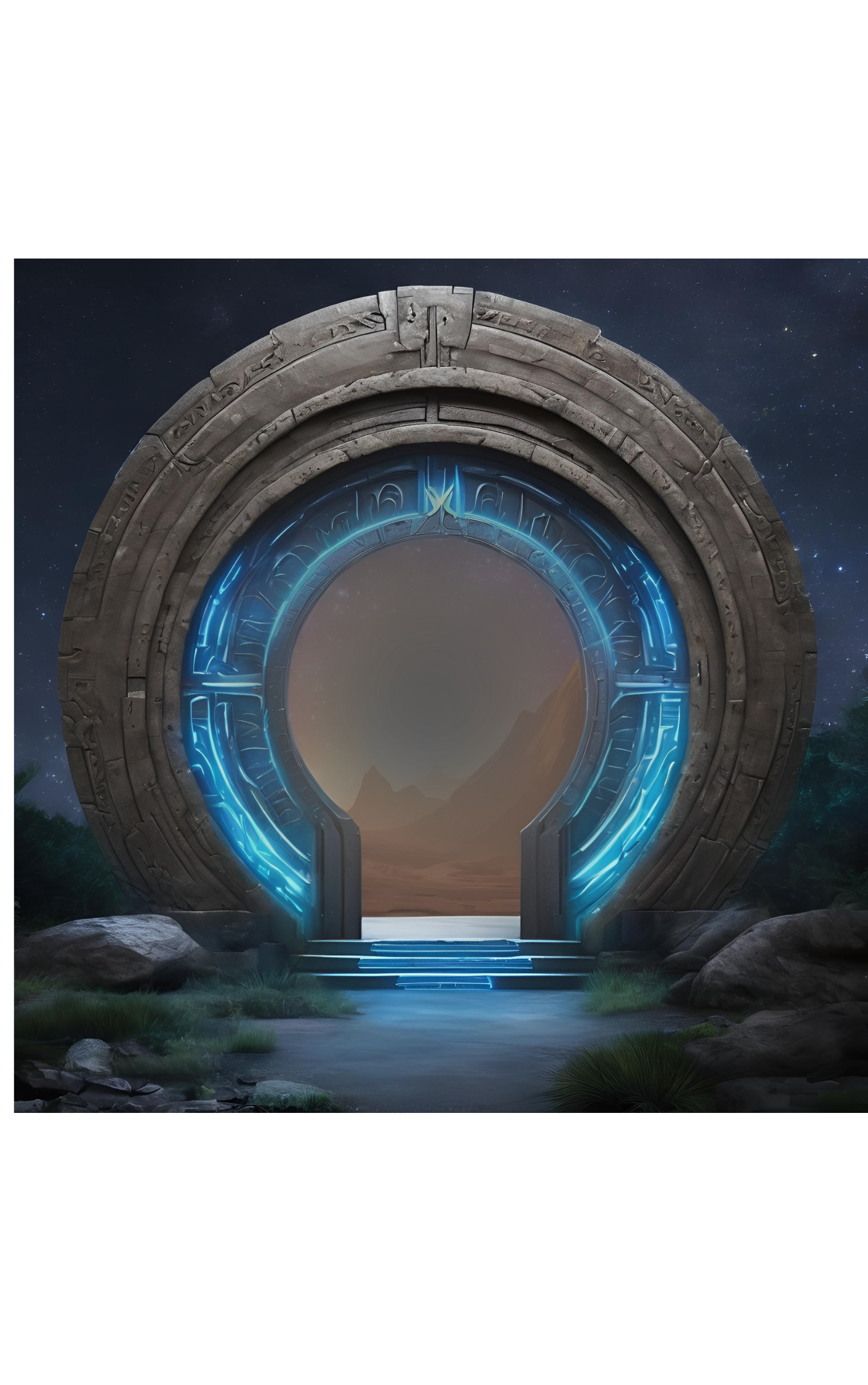 A mystical portal with glowing blue lights on a stone archway, set in a natural landscape at night, with mountains and a starry sky in the background.