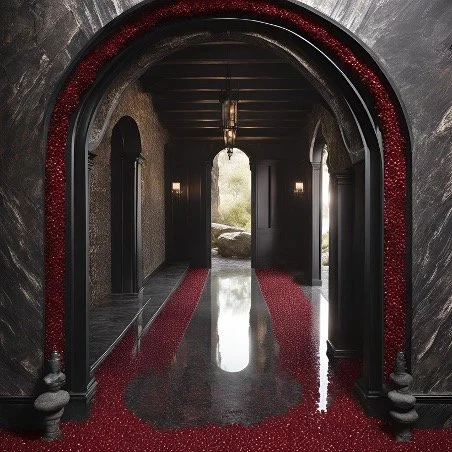 Elegant hallway with black walls, arched doorway decorated with red glitter trim, black columns, and a red carpet runner with water reflection, leading to a bright outdoor scene.