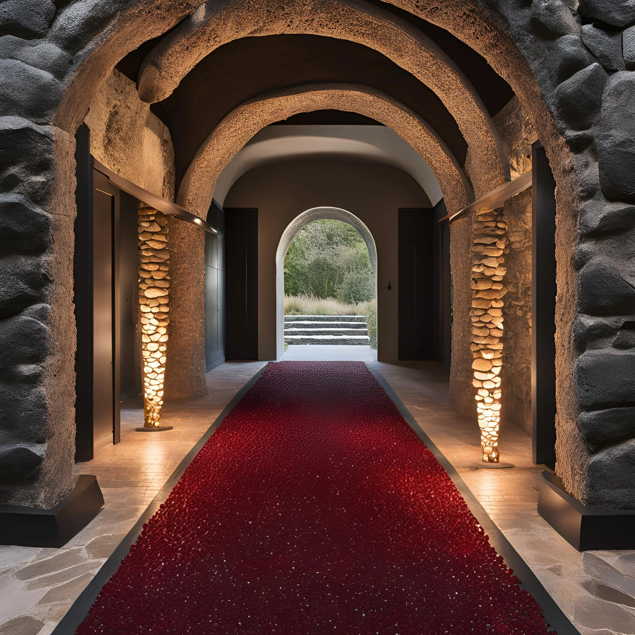 A hallway with textured stone archways, modern floor lamps, a red carpet, and an arched doorway leading outside to stairs and greenery.
