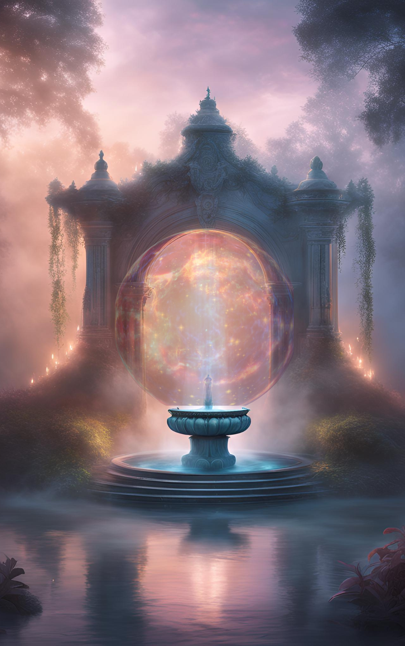 A mystical fantasy scene featuring an ornate stone structure with columns, surrounded by a foggy landscape with trees. In front, a fountain with a glowing, swirling orb emits radiant light. The scene has a dreamy, otherworldly atmosphere with soft pink and purple hues.