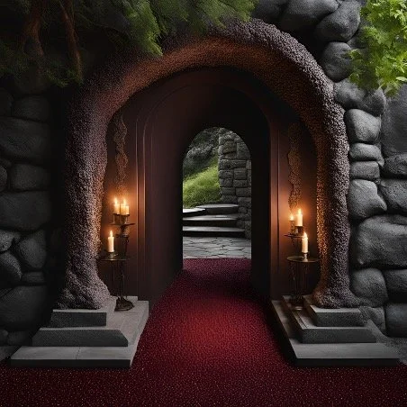 Stone archway with candles on stands leading to an outdoor pathway surrounded by greenery.