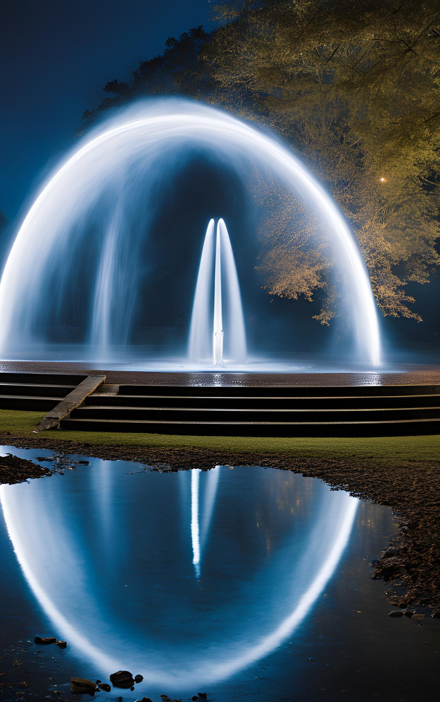 A night scene of a lit fountain with arched water streams, creating a circular reflection in the water below.