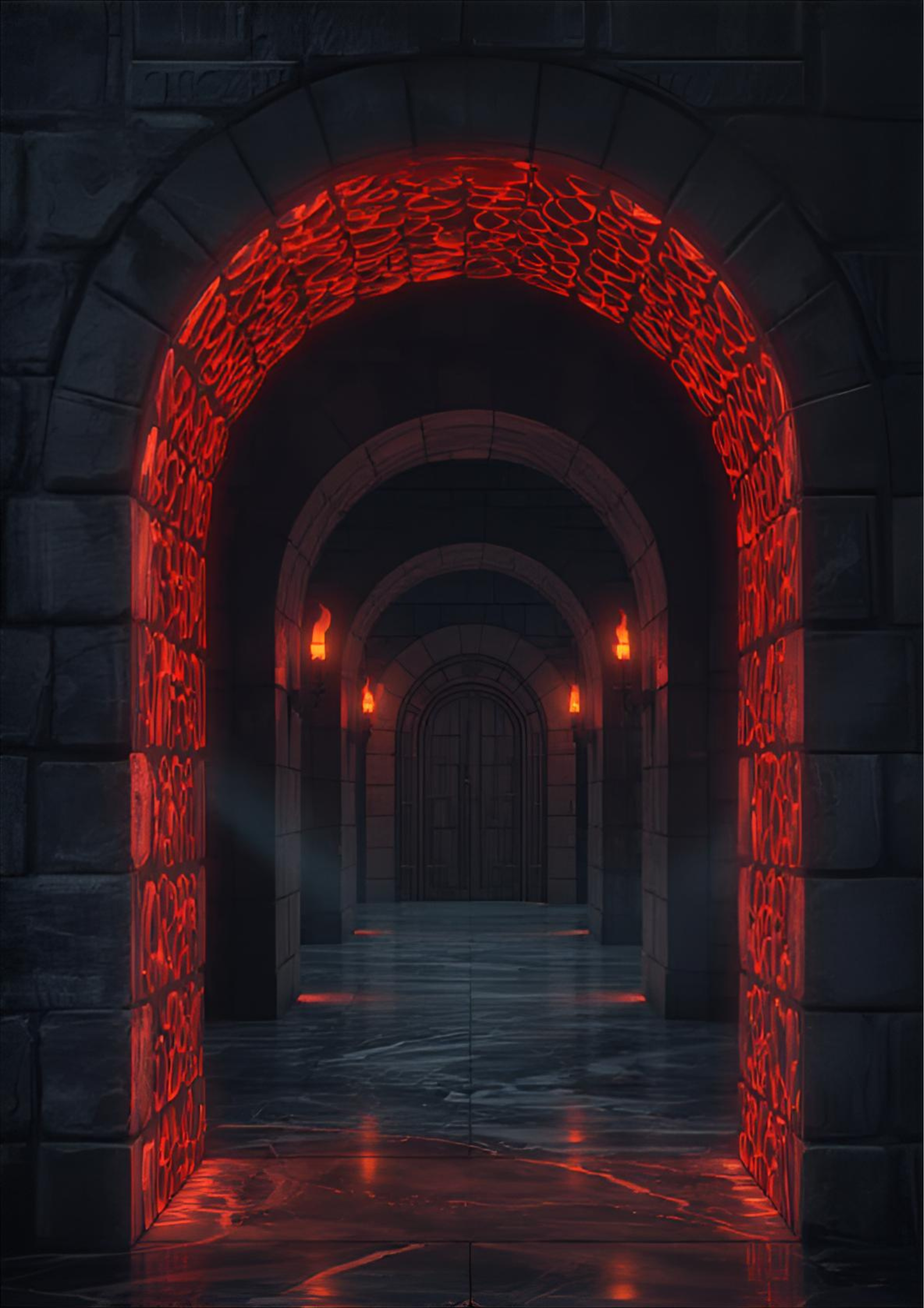 A series of dark stone archways, each lit with red neon lighting, leading into a dark corridor with a closed door at the end.