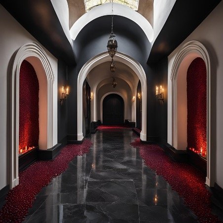 Elegant hotel corridor with arched doorways, black and white walls, red carpet accents, and ornate lighting fixtures.