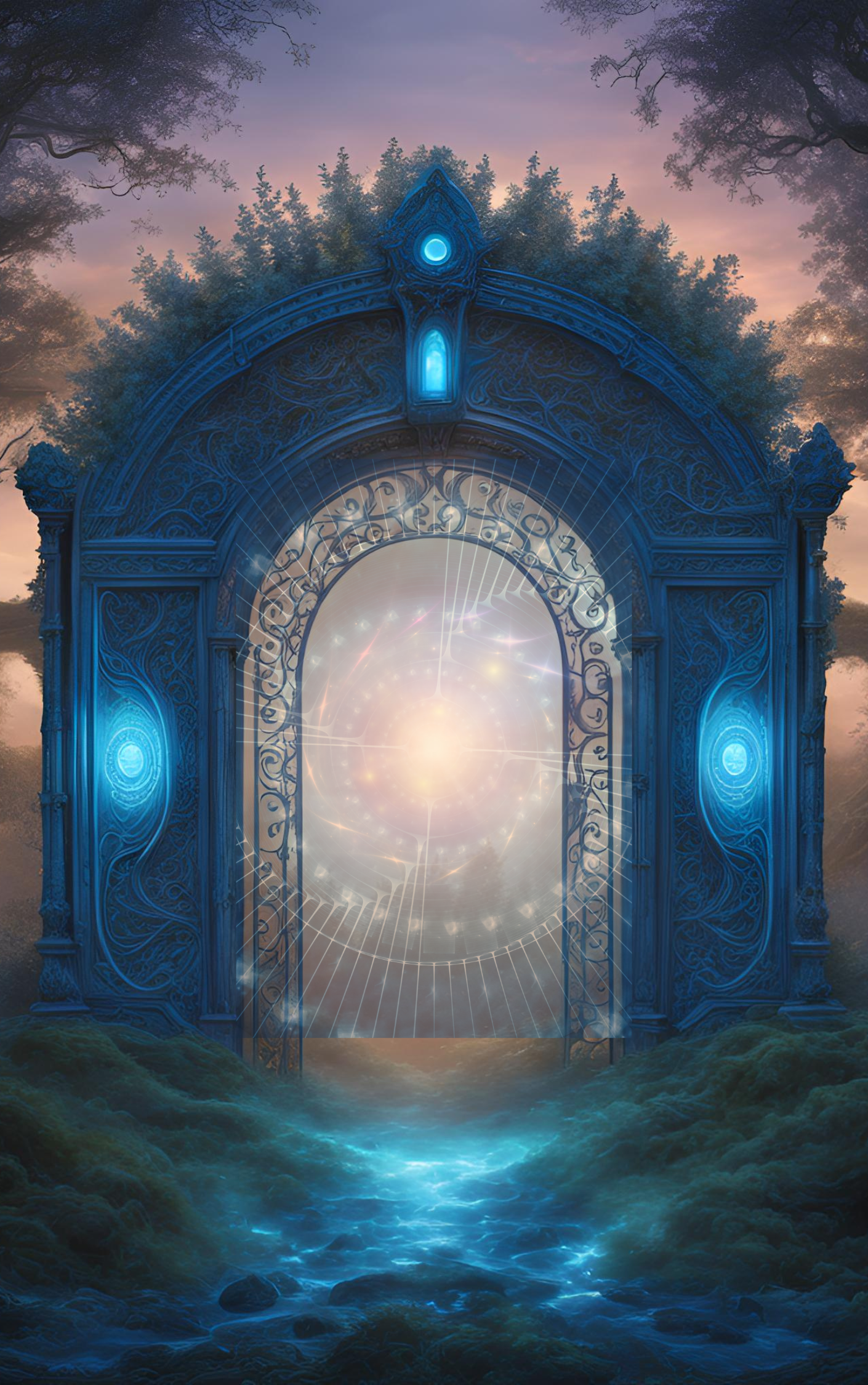 A mystical, glowing blue gate with intricate carvings stands open in a lush, foggy forest at sunrise or sunset. Bright, swirling light and star-like sparkles emanate from the portal, illuminating the water and moss-covered ground before it.