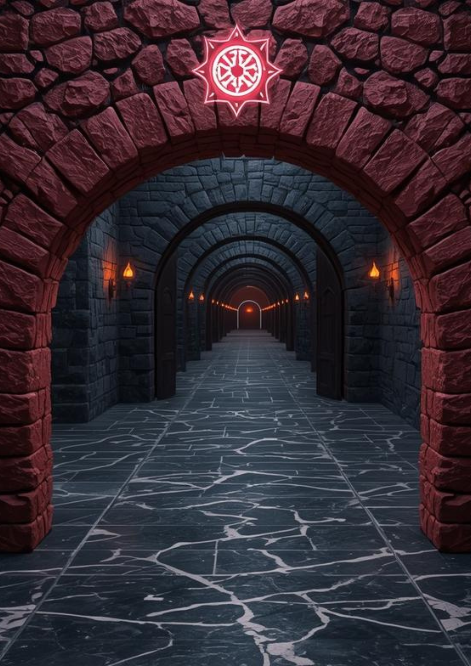 A digital illustration of a dark stone corridor with arched doorways, lit by orange wall sconces, leading to a brighter end with glowing red light, framed by a red brick archway with a glowing red and white emblem above.
