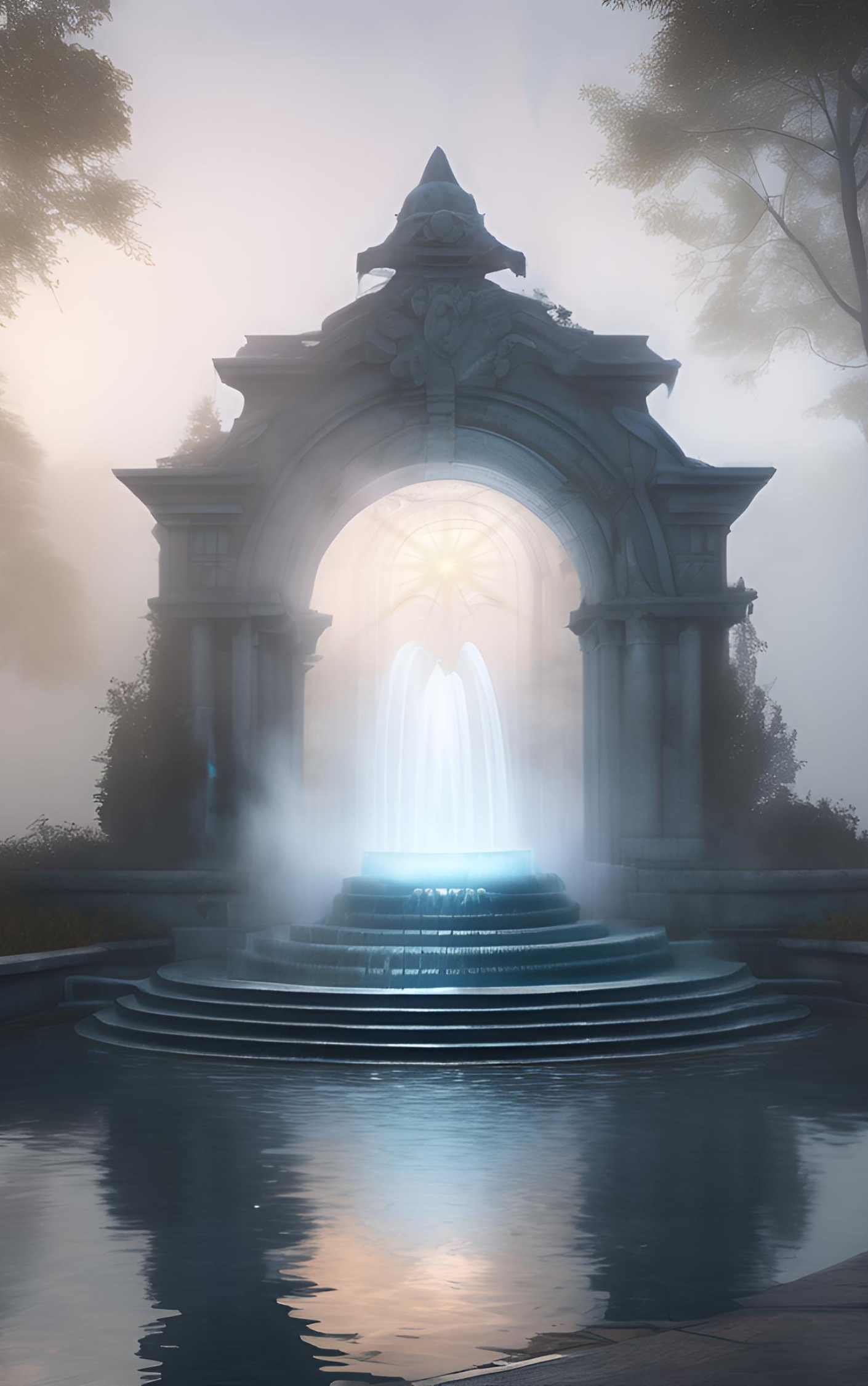 A mysterious, foggy scene featuring an ornate stone archway with a fountain in front. Sunlight shines through the arch, creating a glowing effect, with mist rising from the fountain's water.