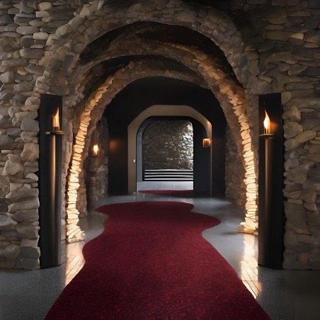 Stone archway hallway with black wall sconces, red carpet runner, and a door at the end of the corridor.