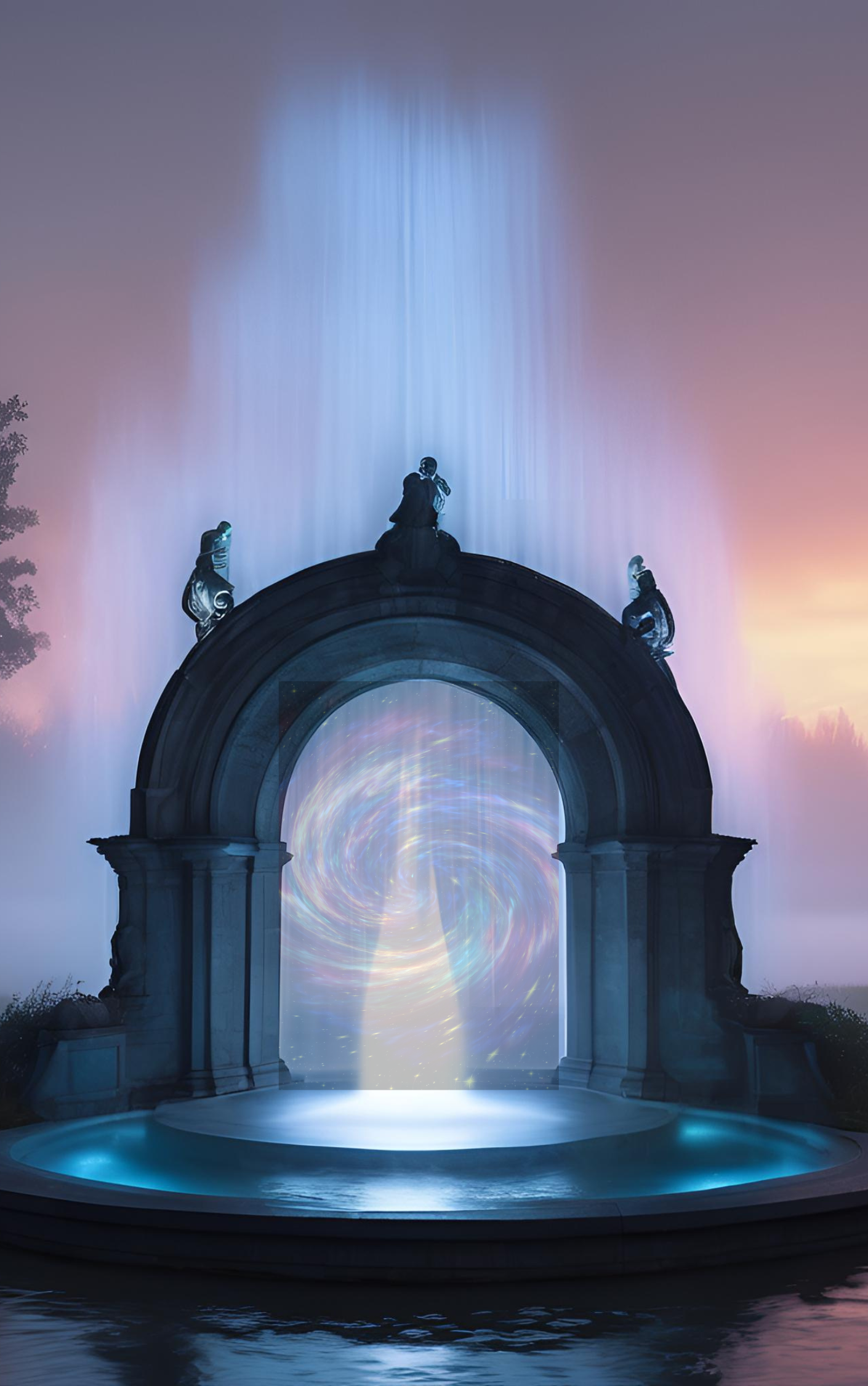 A night scene of a fountain with a waterfall, an arch with swirling colors, and sculptures on top, illuminated by soft purple and pink sunset hues.