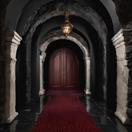 A dark stone hallway with arched ceiling, stone columns, a red carpet, and a closed wooden door at the end, illuminated by a hanging lantern.