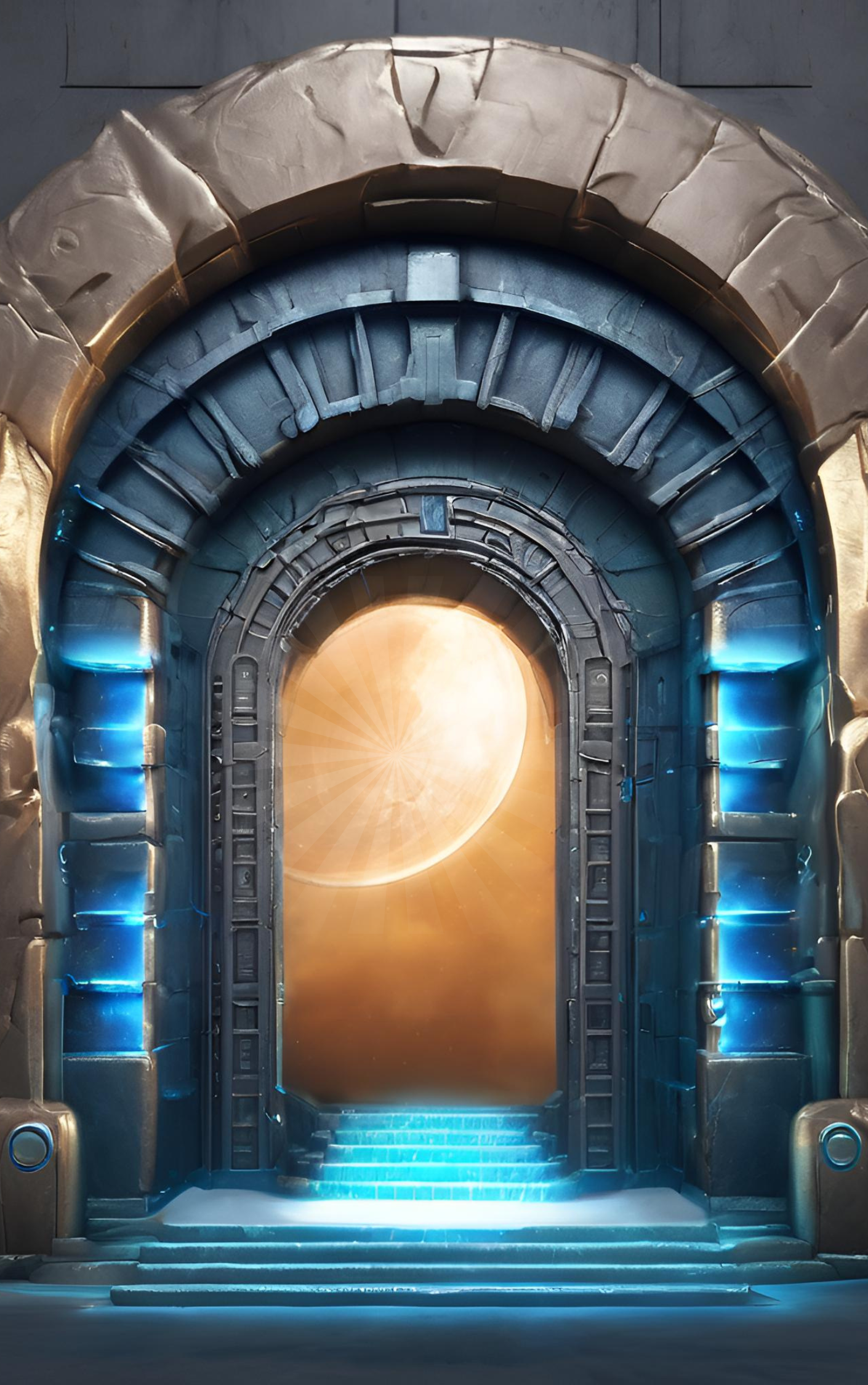 A futuristic space station doorway with metallic framing and glowing blue lights, opening to a view of a planet and sun in space.