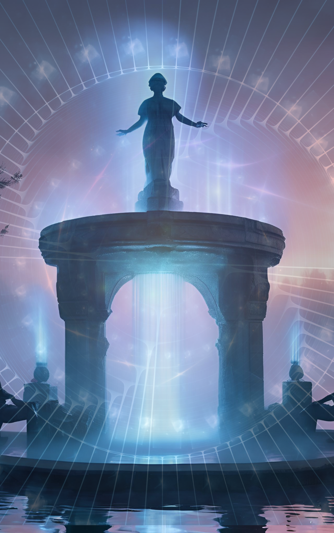 A digitally edited image of a fountain with a statue of a woman on top, illuminated with blue and purple lights, and a futuristic overlay with glowing lines and a transparent grid pattern.