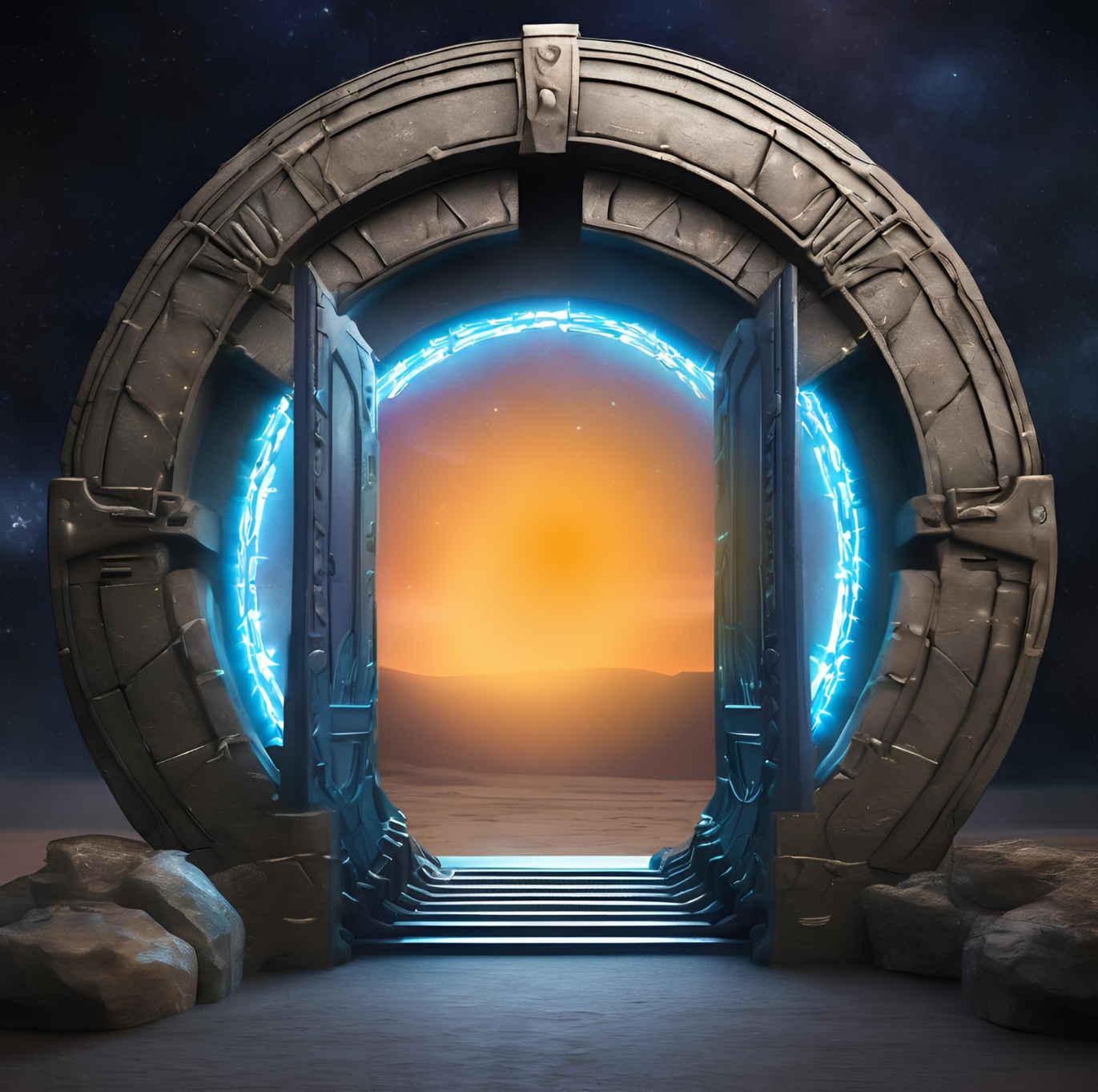 A futuristic portal with glowing blue lights and open doors, set against a sunset or sunrise over a barren landscape, with rocks in the foreground and stars in the night sky.