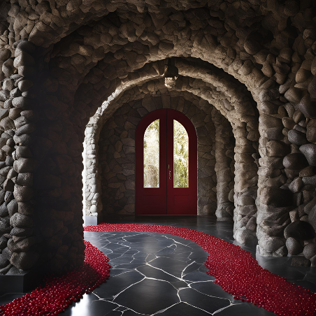 Stone archway with a red door at the end of a curved hallway, a black stone floor, and red decorative stones along the edge of the walkway.