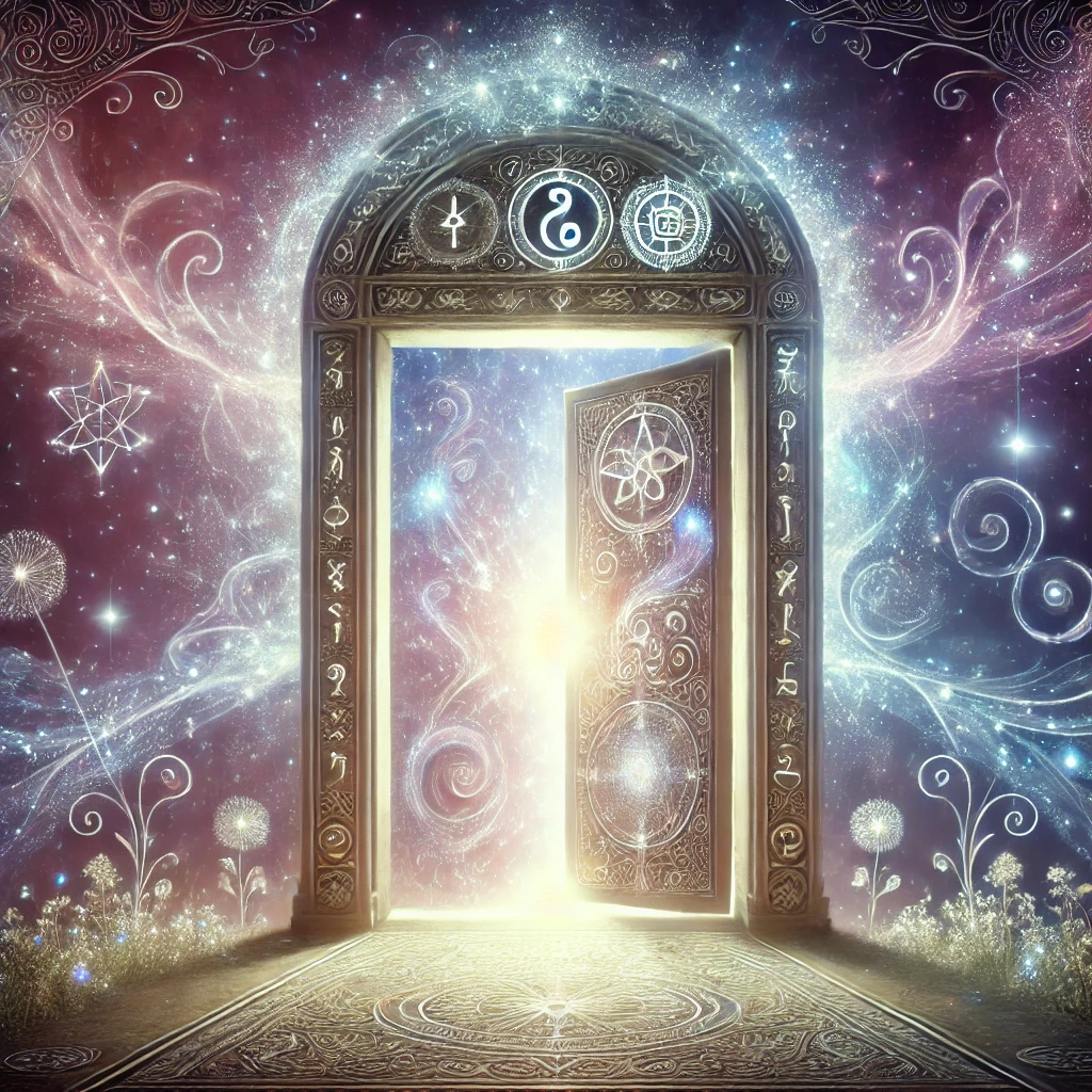A grand ornate door opens to a luminous, cosmic scene filled with stars and swirling galaxies, revealing a radiant light beyond.