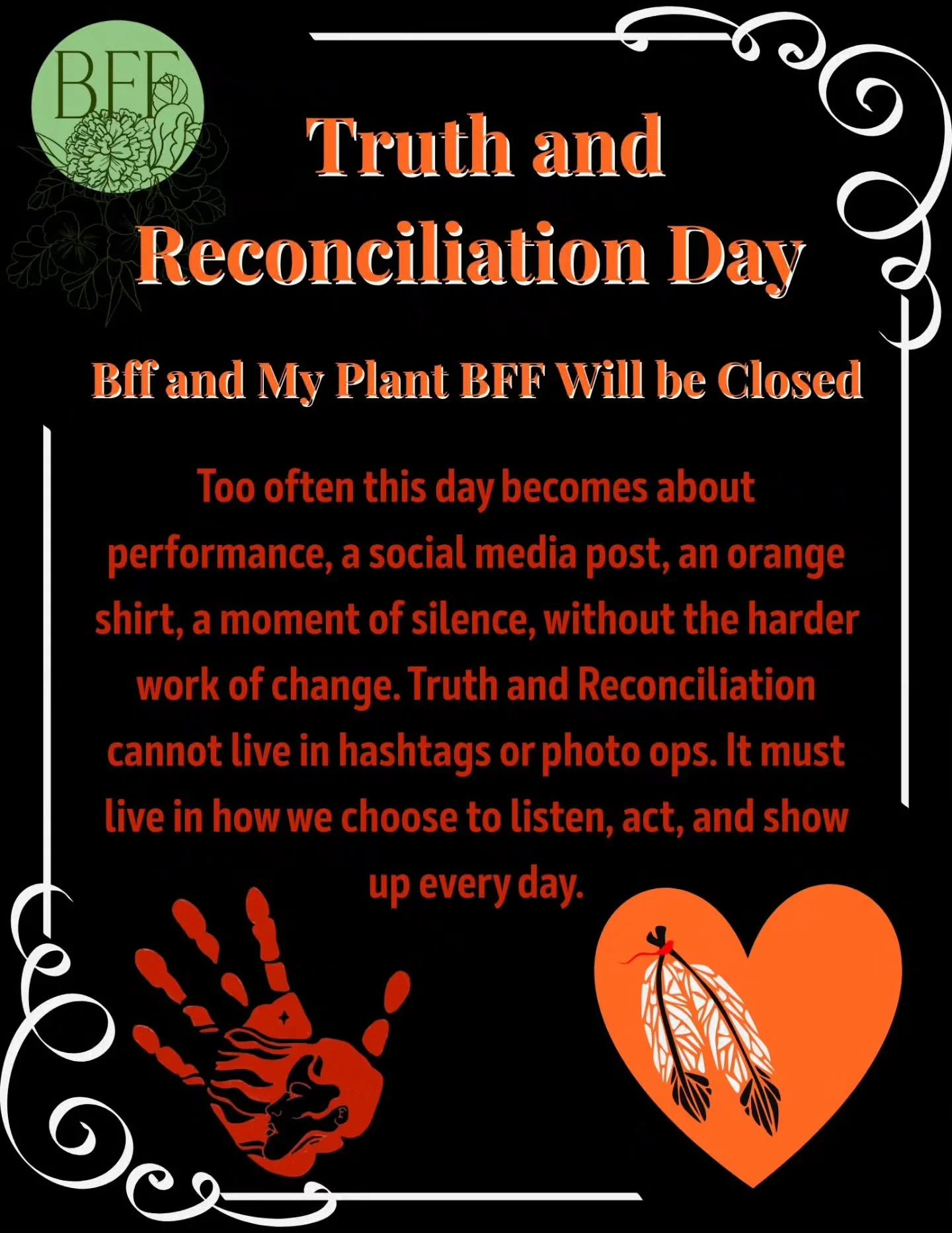 🧡 Truth and Reconciliation Day 🧡
Too often this day becomes about performance, a social media post, an orange shirt, a moment of silence, without the harder work of change. Truth and Reconciliation cannot live in hashtags or photo ops. I
