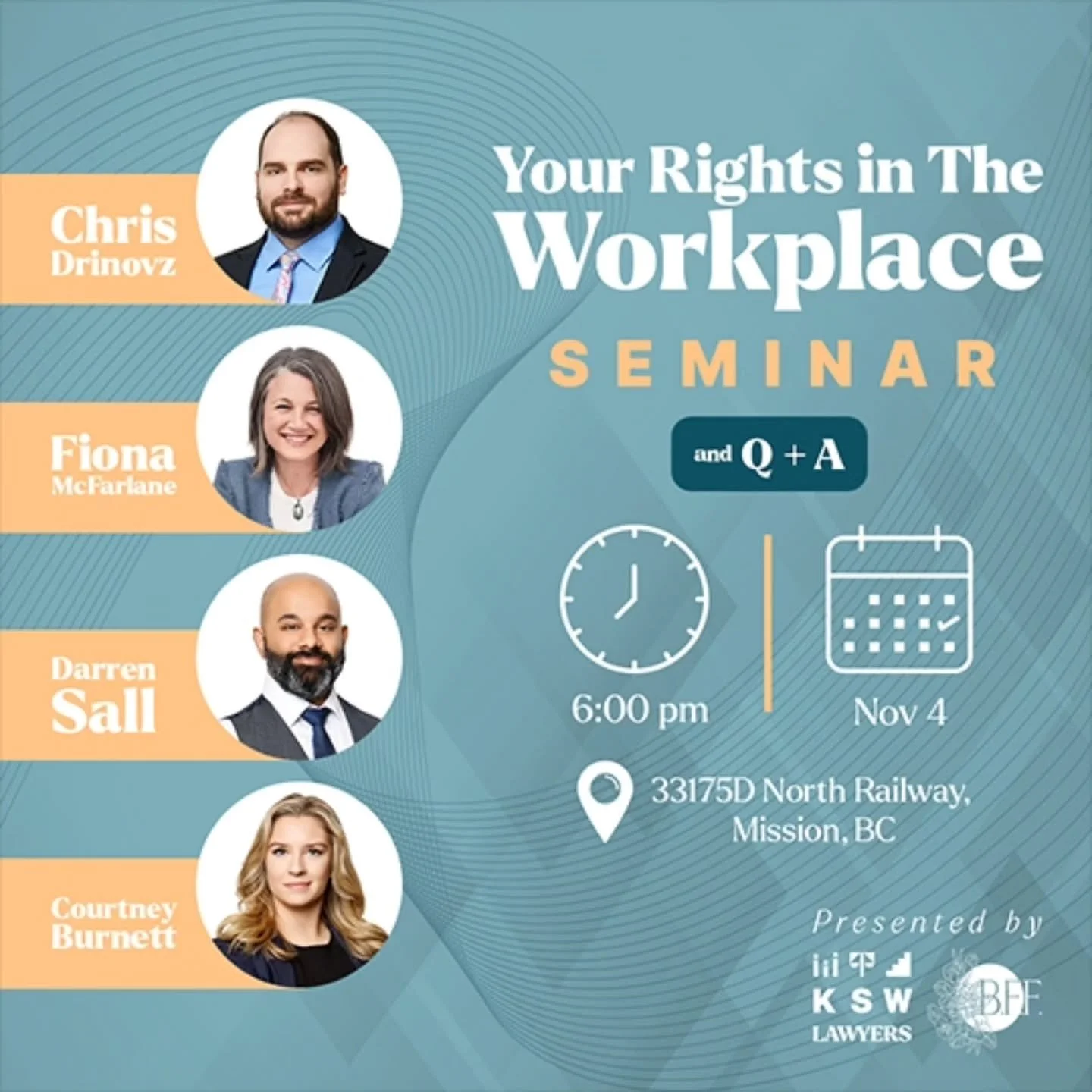 We are so excited to announce next week we are hosting @kswlawyers at BFF for a FREE know your rights in the workplace seminar! Come learn what your rights are in your workplace AND ask your burning employment questions you may have.