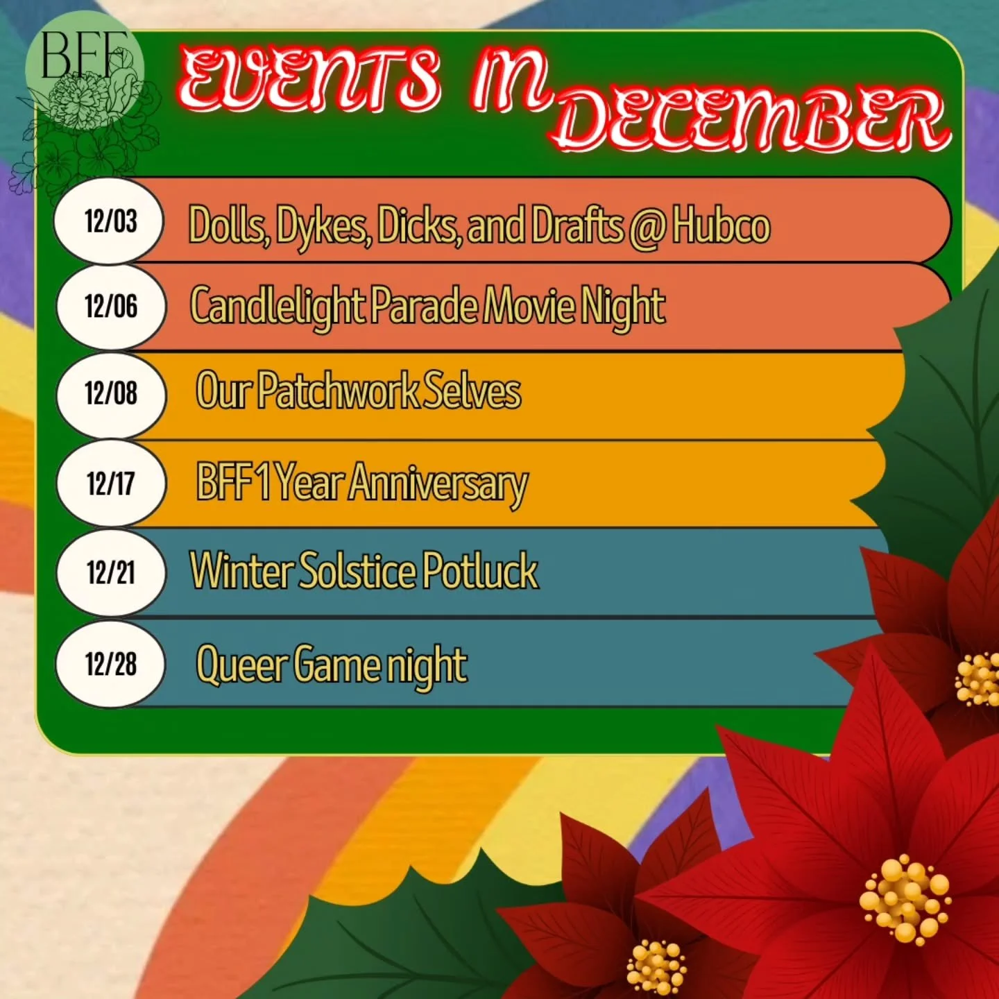 HoHo Holiday Calendar! 

We are cutting down on our events this month to prepare for the New Year. Don't forget to check out our vendors to check off your Christmas lists!