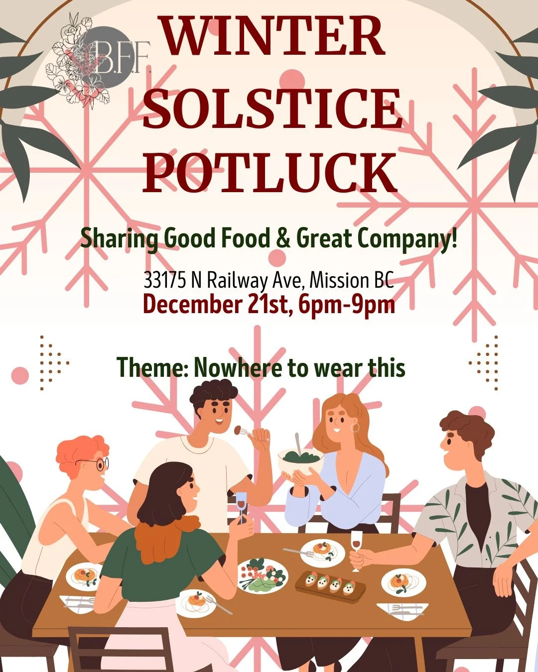 Winter Solstice Potluck
6pm to 9pm at BFF
Theme: Nowhere to Wear This!
If it&rsquo;s sparkly, dramatic, chaotic, or fabulous&hellip; wear it.

Potluck style:
🥣 Bring a dish if you can
💛 No pressure, everyone is welcome, with or without food. We had